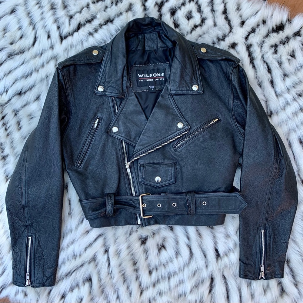 Wilsons Black Vintage Cropped Leather Biker Jacket sz Small